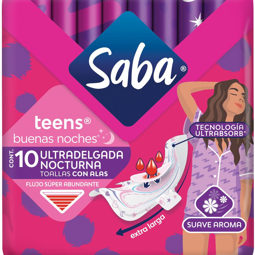 SABA-TEENS-DELGADA-NOCTURNA-TOALLAS-FEMENINAS-C/AROMA-10-PZAS-imagen