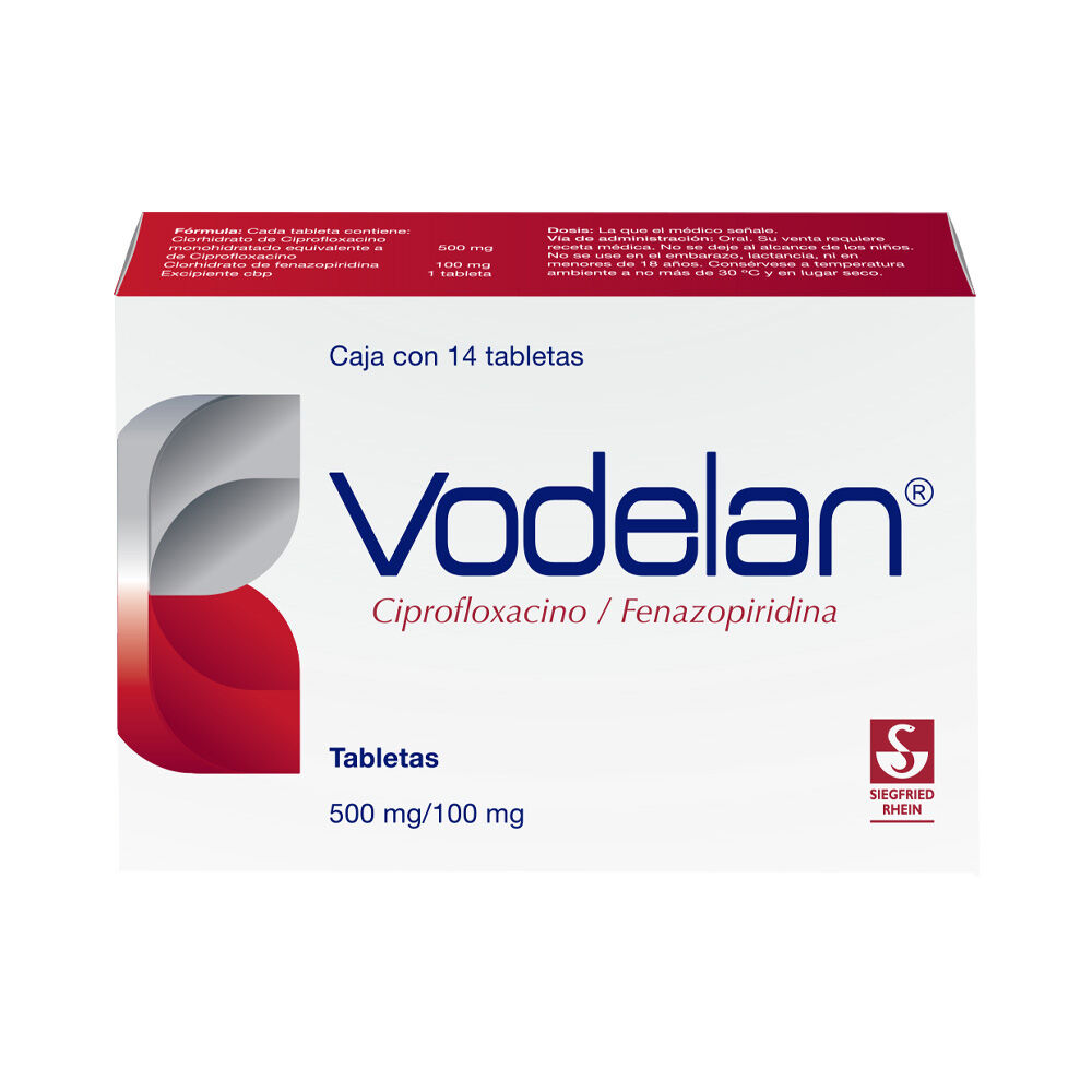 Vodelan-500-mg-/-100-mg---Caja-con-14-tabletas-(Ciprofloxacino-y-Fenazopiridina)-imagen-1