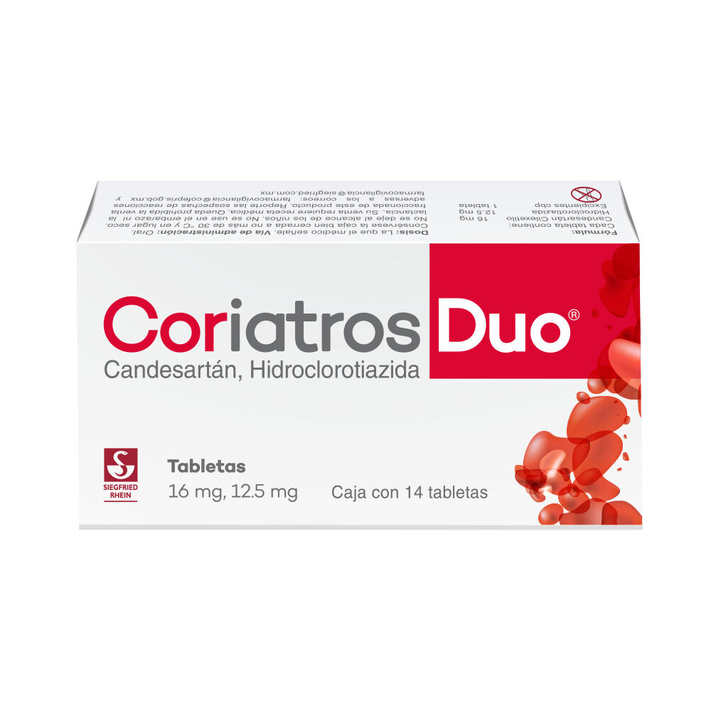 Coriatros-Duo-16-mg-/-12.5-mg---Caja-con-14-tabletas-(Candesart&aacute;n-y-Hidroclorotiazida)-imagen-1