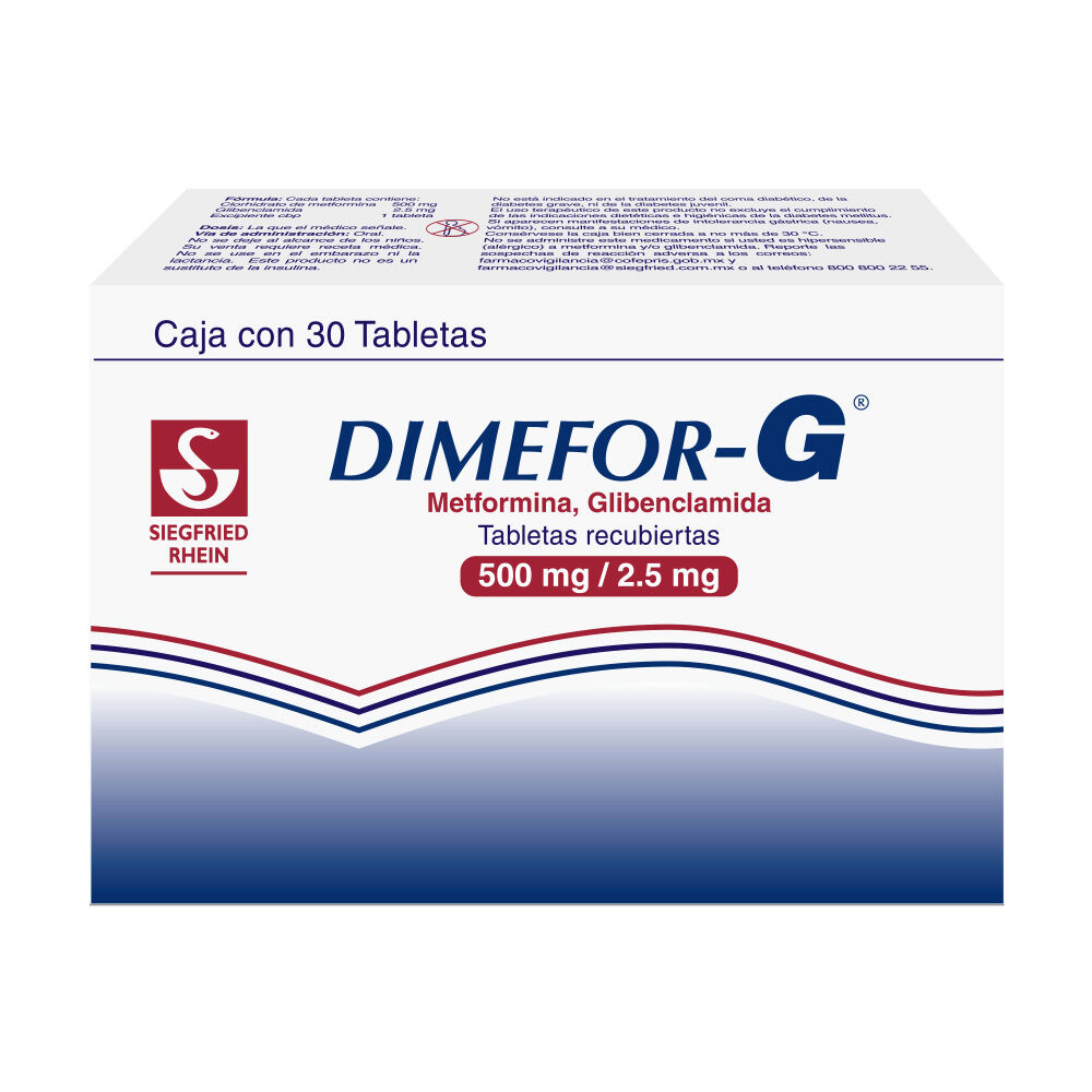 Dimefor-G-850-mg-/-2.5mg---Caja-con-30-tabletas-(Metformina-y-Glibenclamida)-imagen-1