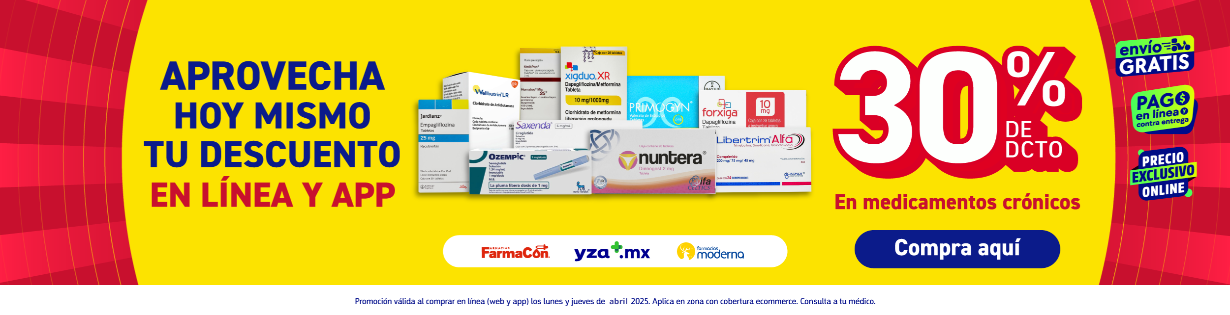Aprovecha compras especial de medicamentos los lunes con 30% de descuento hasta 3 meses sin intereses en linea con servicio a domicilio gratis